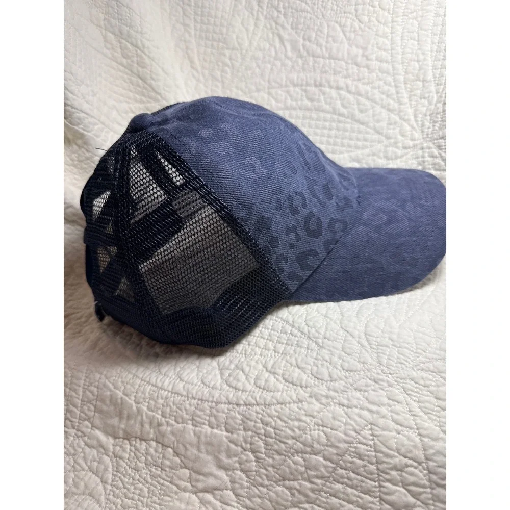 Womens Leopard Print Trucker Hat Blue High Ponytail Mesh Back Baseball Cap